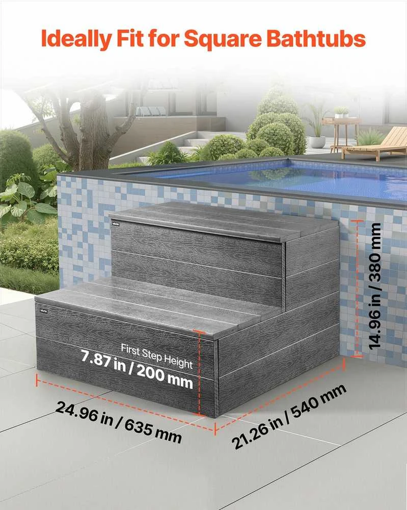 Masažinės vonios laiptelis, 2 pakopų tvirti lauko laiptai, 635 mm pločio, SPA ir baseinui, universalios kopėčios, grafito pilka, neslystantis paviršius