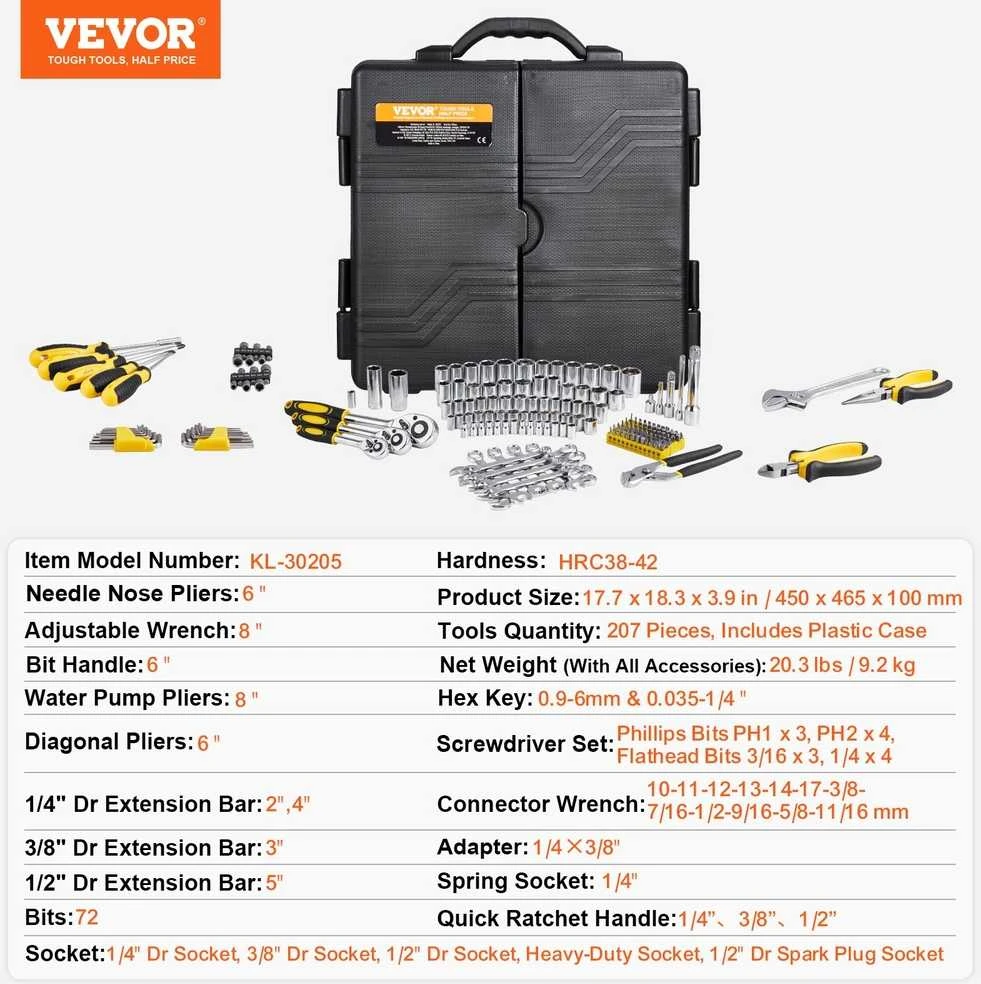 VEVOR 207 dalių mechaniko įrankių rinkinys