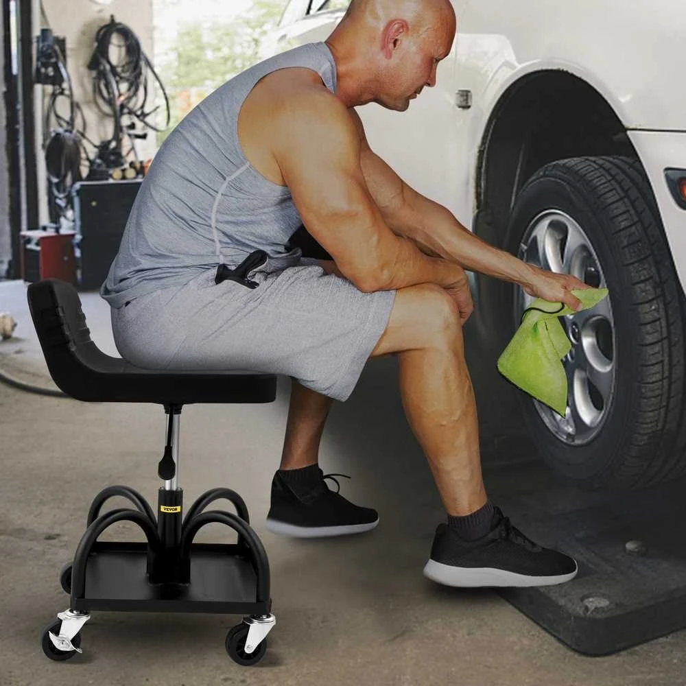 Mechaniko kėdė su ratukais, reguliuojama, 135 kg, įrankių dėklas, juoda, dirbtuvių taburetė, meistrui