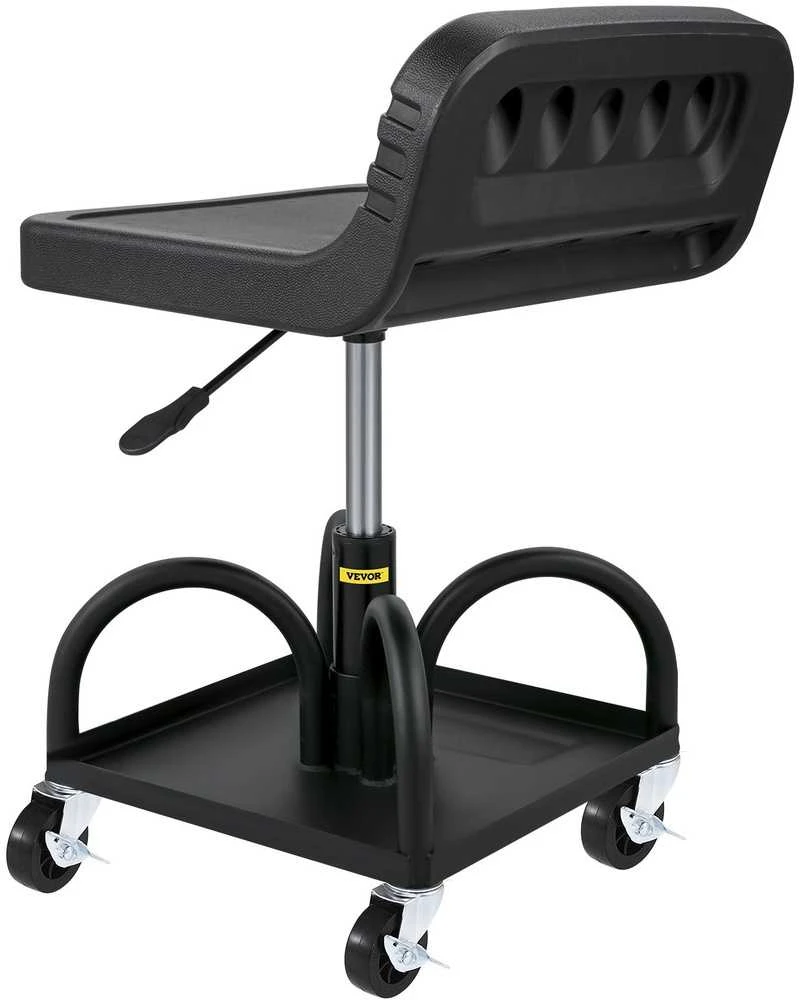 Mechaniko kėdė su ratukais, reguliuojama, 135 kg, įrankių dėklas, juoda, dirbtuvių taburetė, meistrui