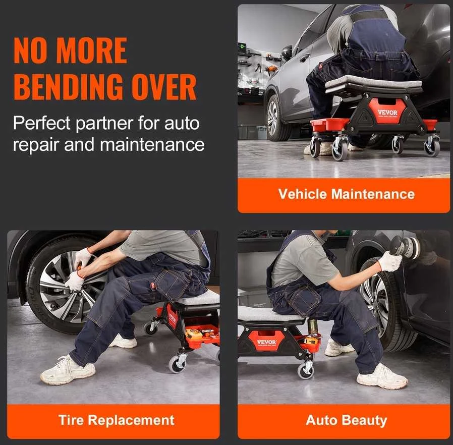 Mechaniko riedėjimo sėdynė su įrankių padėklais, tvirta garažo kėdė, riedanti sėdynė garažui, mechaniko kėdė su ratukais, riedanti įrankių sėdynė