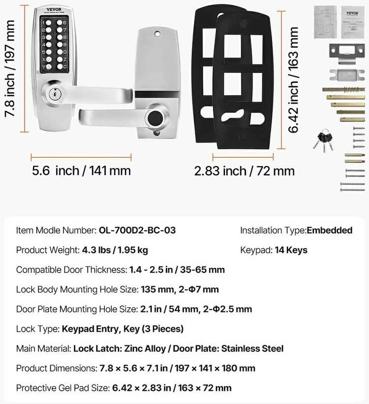 Mechaninis kodinis durų užraktas, 35-65 mm durims, be rakto, kombinacinis, skaitmeninis