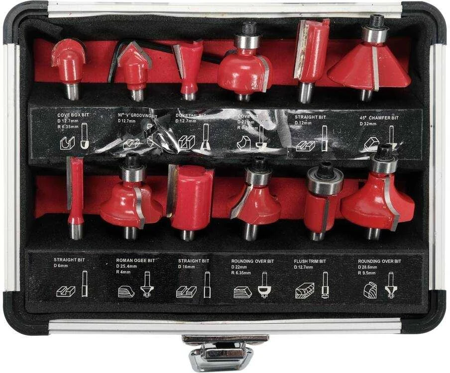 Medienos frezavimo frezų rinkinys, 6 mm kotas, 12 vienetų, medienos apdirbimo frezos, frezų rinkinys