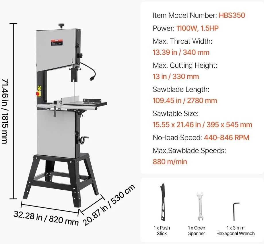 Medienos pjovimo juostinis pjūklas, stalinis, 330 mm, 1100 W, 1.5 AG, metalo pjovimui, hobiui, dirbtuvėms