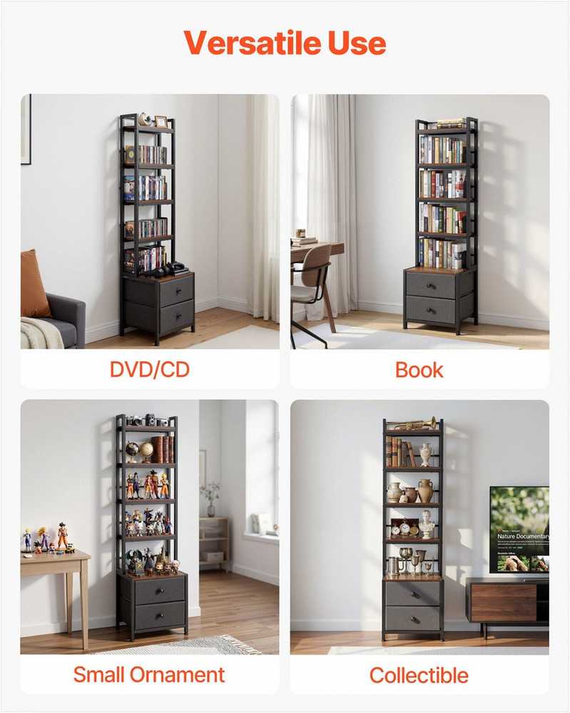Medijos laikymo spintelė, 4 lentynų DVD lentynų organizatorius su stalčiais, 40 x 30 x 143.5 cm, multimedijos saugykla CD, DVD diskams, knygoms ir žaidimams, CD spintelė svetainei ir namų biurui, medinė lentyna