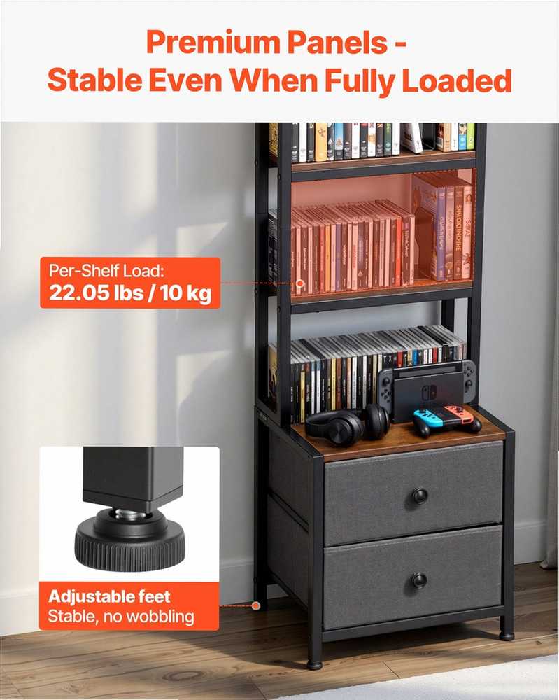 Medijos laikymo spintelė, 4 lentynų DVD lentynų organizatorius su stalčiais, 40 x 30 x 143.5 cm, multimedijos saugykla CD, DVD diskams, knygoms ir žaidimams, CD spintelė svetainei ir namų biurui, medinė lentyna