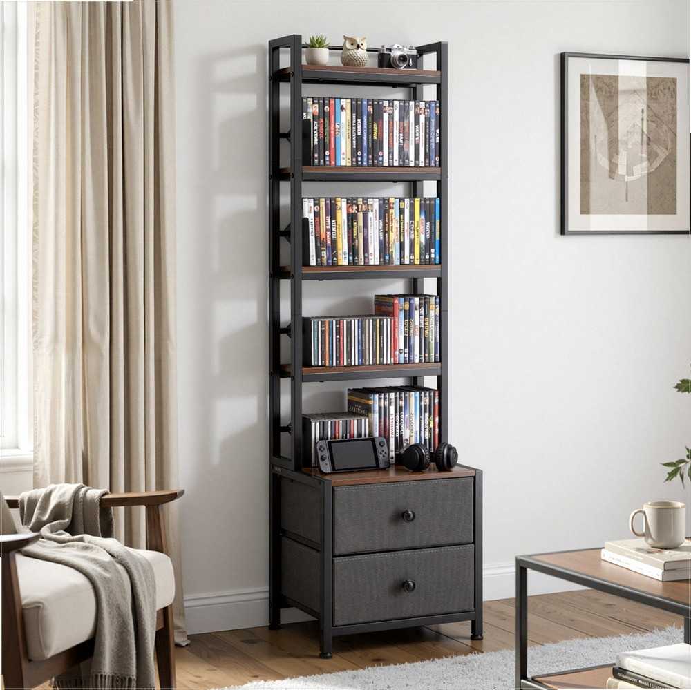 Medijos laikymo spintelė, 4 lentynų DVD lentynų organizatorius su stalčiais, 40 x 30 x 143.5 cm, multimedijos saugykla CD, DVD diskams, knygoms ir žaidimams, CD spintelė svetainei ir namų biurui, medinė lentyna