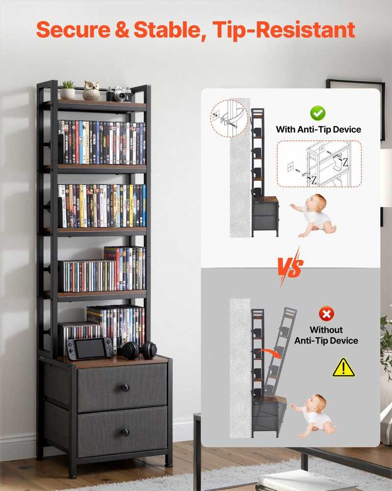 Medijos laikymo spintelė, 4 lentynų DVD lentynų organizatorius su stalčiais, 40 x 30 x 143.5 cm, multimedijos saugykla CD, DVD diskams, knygoms ir žaidimams, CD spintelė svetainei ir namų biurui, medinė lentyna