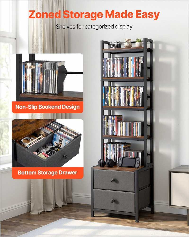 Medijos laikymo spintelė, 4 lentynų DVD lentynų organizatorius su stalčiais, 40 x 30 x 143.5 cm, multimedijos saugykla CD, DVD diskams, knygoms ir žaidimams, CD spintelė svetainei ir namų biurui, medinė lentyna
