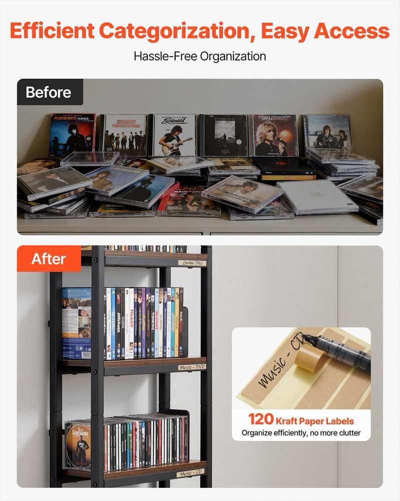 Medijos laikymo spintelė, 4 lentynų DVD lentynų organizatorius su stalčiais, 40 x 30 x 143.5 cm, multimedijos saugykla CD, DVD diskams, knygoms ir žaidimams, CD spintelė svetainei ir namų biurui, medinė lentyna