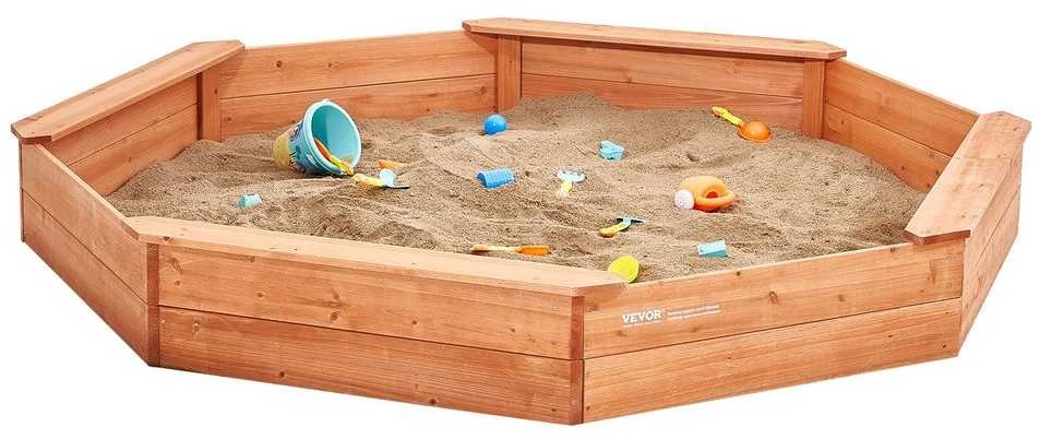 Medinė smėlio dėžė su dangčiu vaikams, aštuonkampė smėlio dėžė su sėdynėmis, lauko žaidimų zona kiemui, paplūdimiui, parkui, 3-12 metų