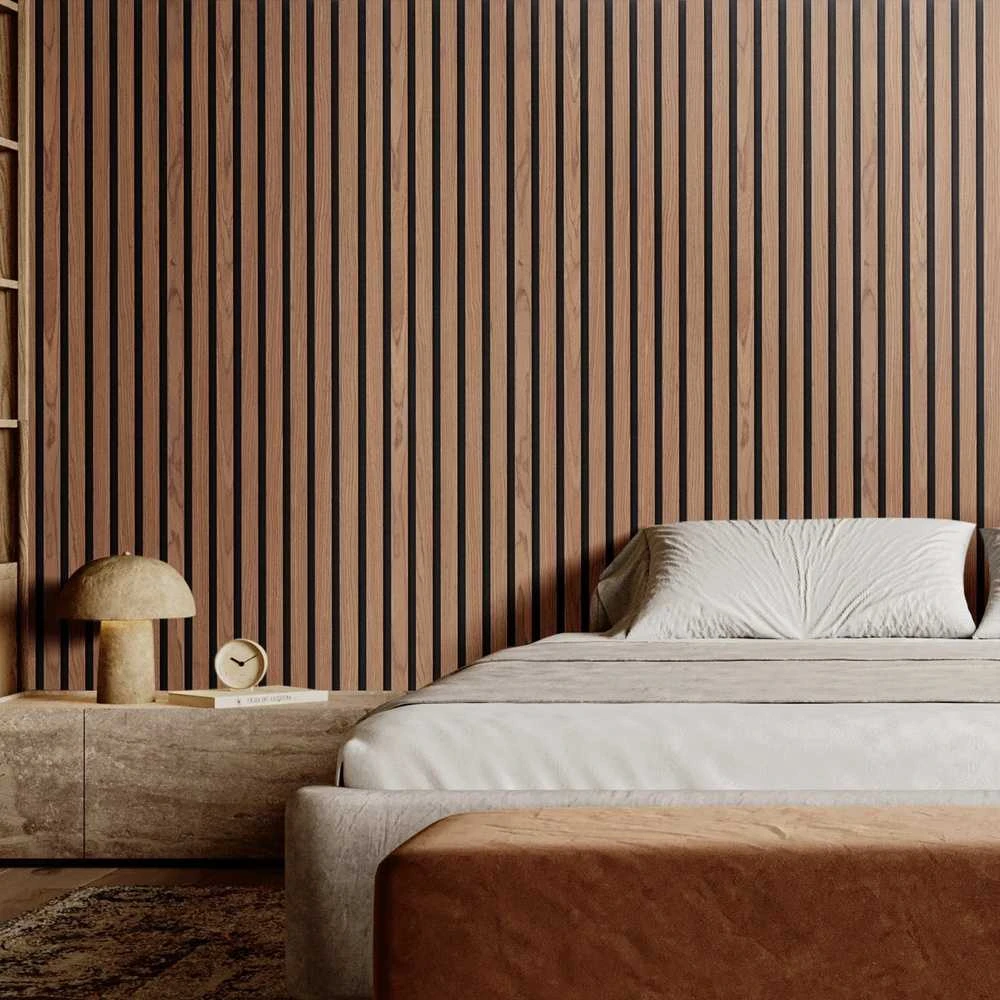 Medinės akustinės panelės 1200x600 mm sienų dekoravimui, riešuto spalvos garso slopinimo panelės, modernios garso izoliacijos panelės