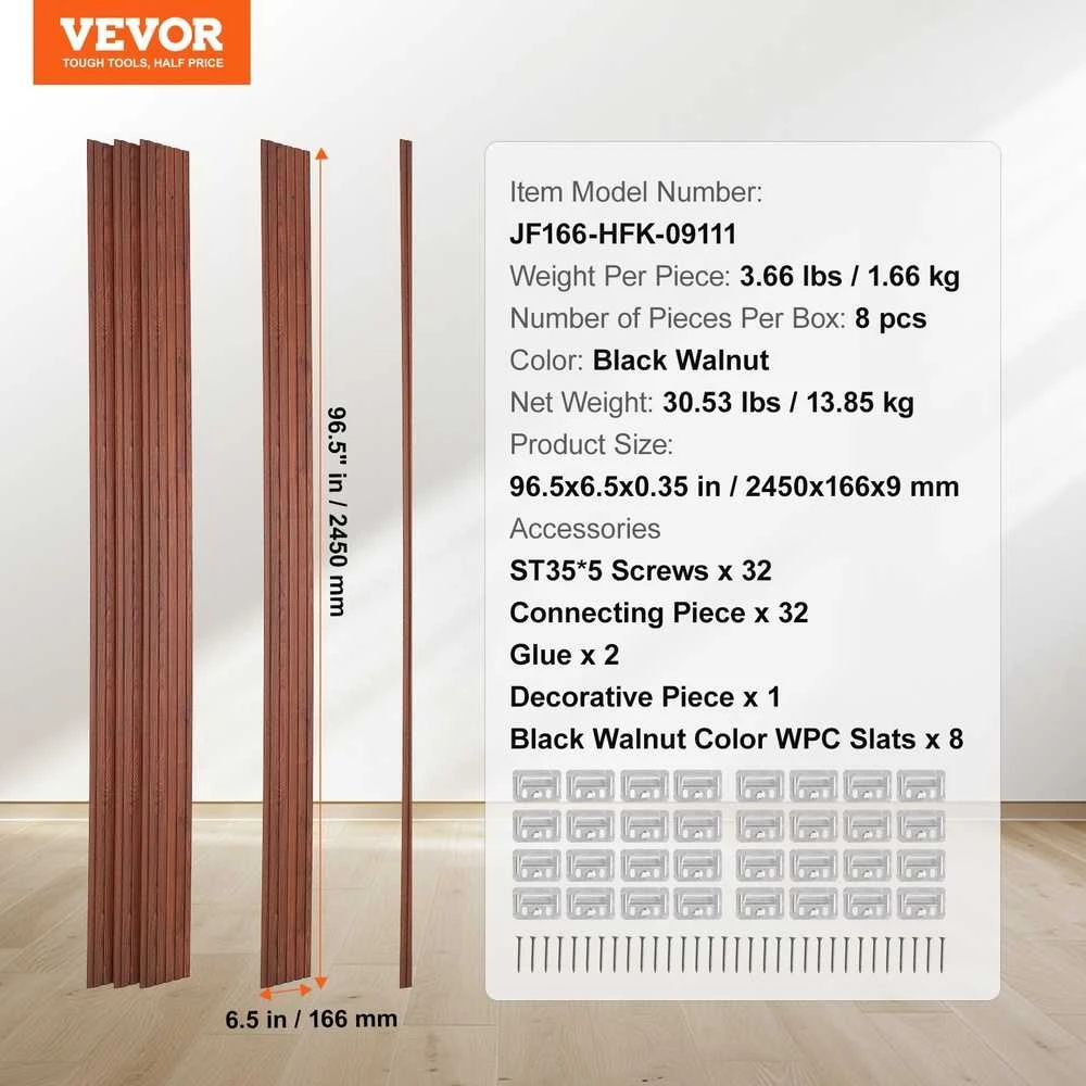 Medinės akustinės panelės 8 vnt, 2450x166x9 mm, moderniai sienai, juodo riešuto garso slopinimo panelės