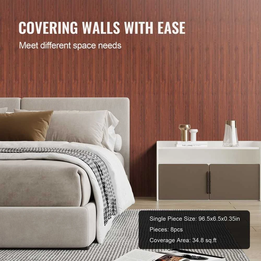 Medinės akustinės panelės 8 vnt, 2450x166x9 mm, moderniai sienai, juodo riešuto garso slopinimo panelės