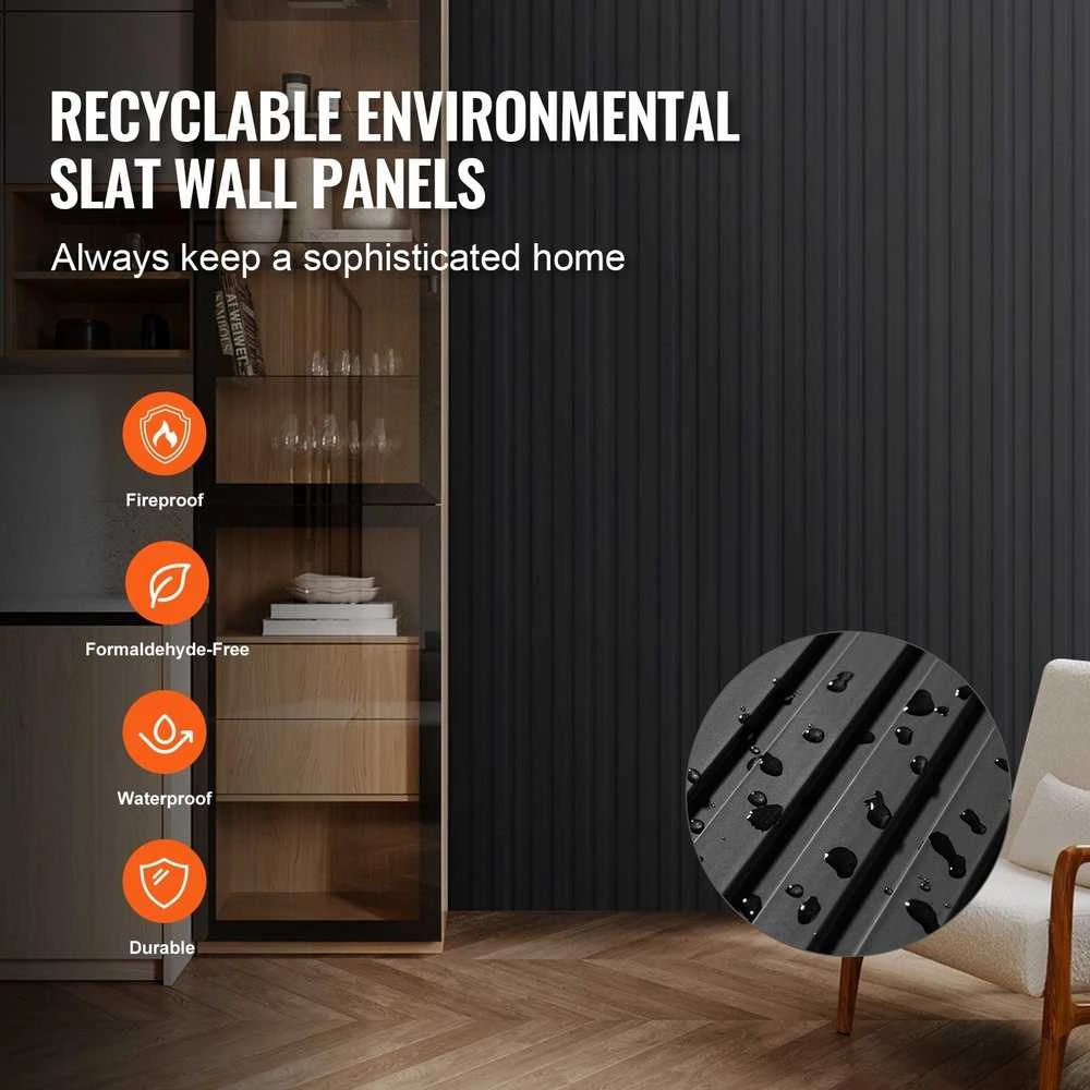 Medinės akustinės plokštės, 8 vnt 2450x166 mm, moderniai sienai, matinės juodos spalvos garso slopinimo plokštės