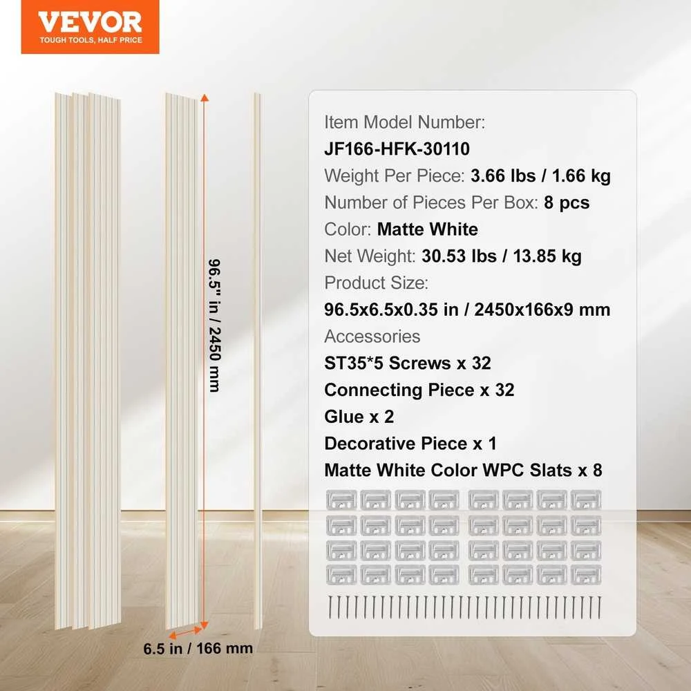 Medinės lentelių akustinės panelės 8 vnt, 2450x166 mm, moderniai sienai, matinės baltos garso slopinimo panelės