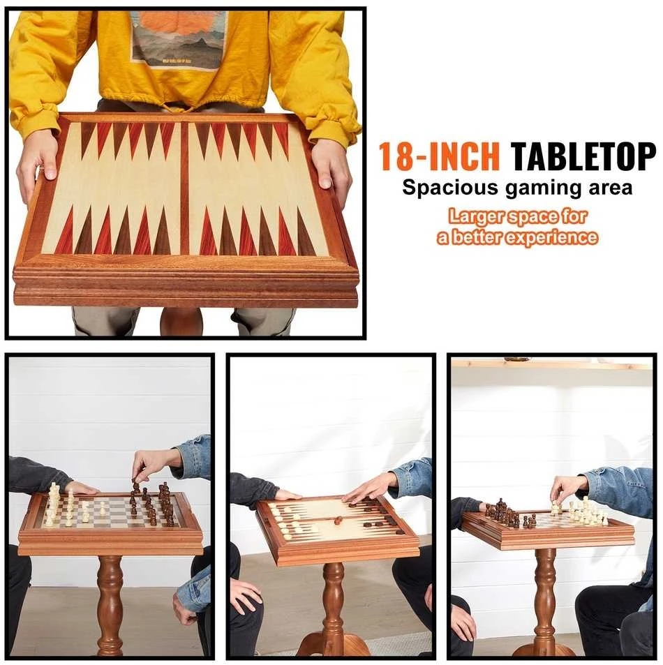 Medinis 3in1 šachmatų, šaškių, nardų stalas 65cm, šeimai, dovanai, žaidimų rinkinys