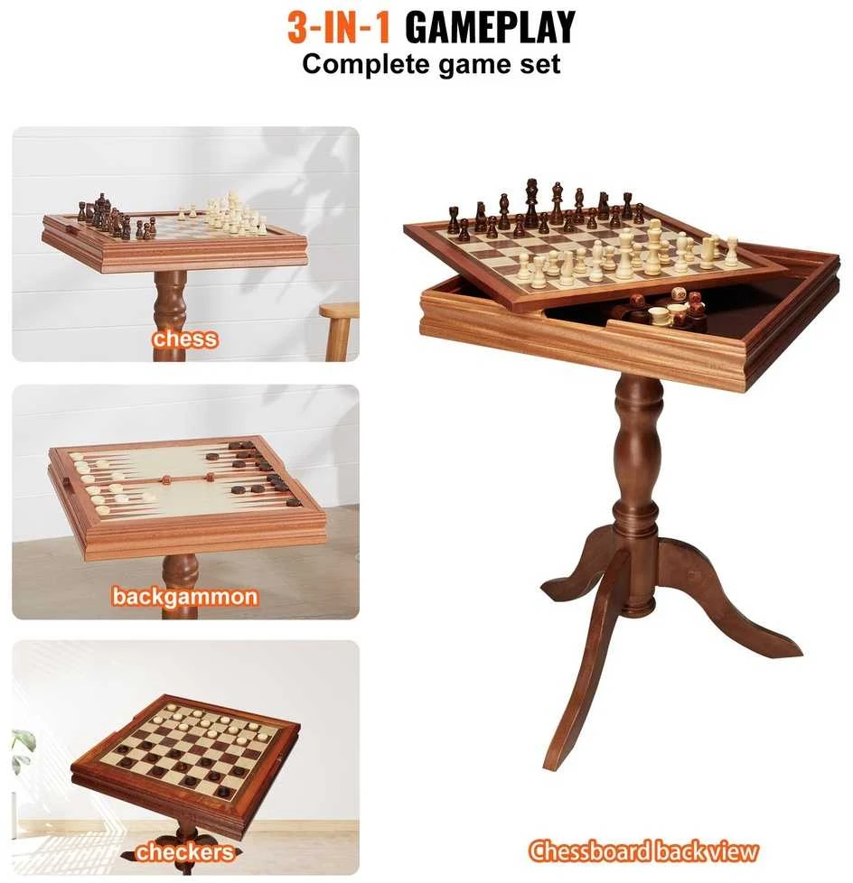 Medinis 3in1 šachmatų, šaškių, nardų stalas 65cm, šeimai, dovanai, žaidimų rinkinys
