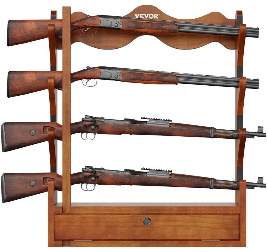 Medinis šautuvų laikiklis, sieninis, 4 vietos, šviesiai raudonas, spyna, ginklų saugykla, medinis ginklų stovas, šautuvams
