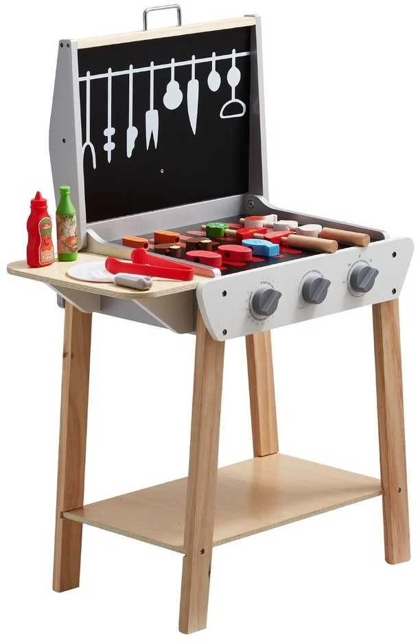 Medinis vaikiškas BBQ grilio žaidimų rinkinys su žaisliniais maisto priedais, edukacinis žaislas vaikams, apsimestinis žaidimų grilis, medinis grilio rinkinys mažyliams