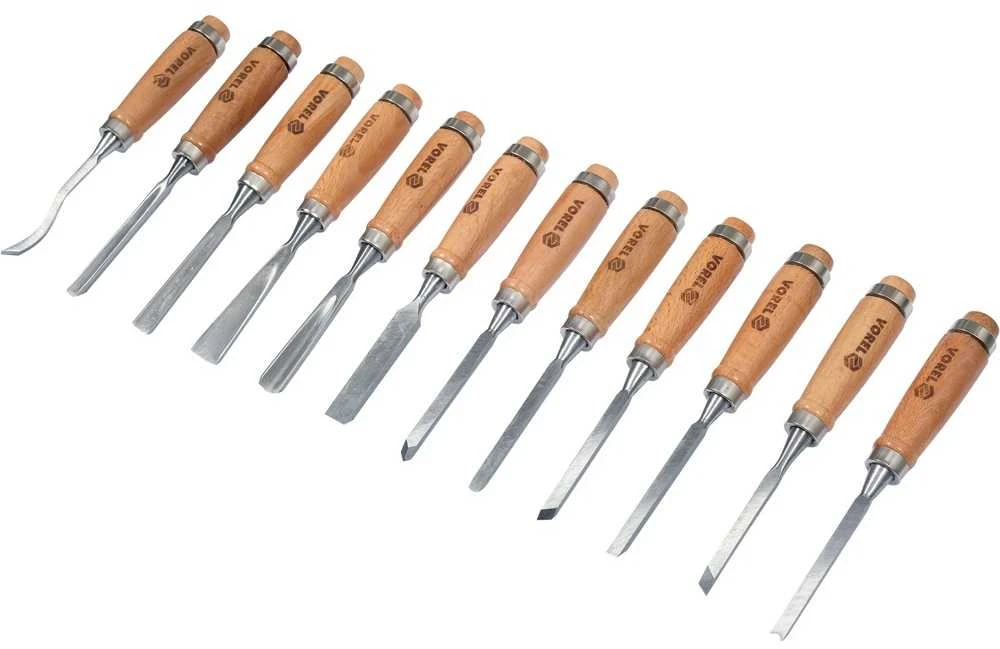Medinių kaltų rinkinys, 12 vnt., su medine rankena, HCS plieno ašmenimis, medžio drožimo įrankiai