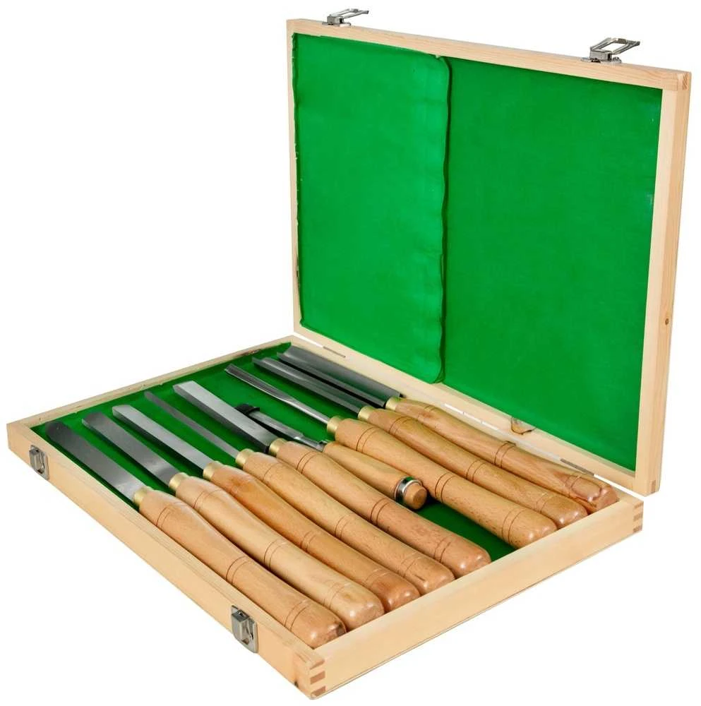 Medžio tekinimo kaltų rinkinys, 8 dalių, HSS plienas, Raudonmedžio eukalipto rankenos, Medinis laikymo dėklas