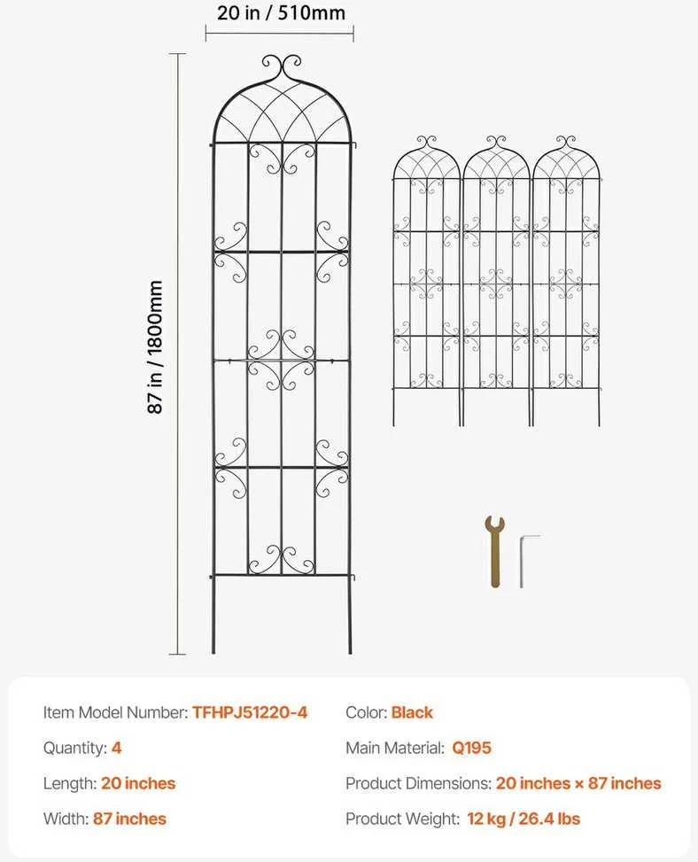Metalinė sodo grotelė vijokliniams augalams, 4 vnt., nerūdijanti, 220x51 cm grotelė, atrama augalams lauke