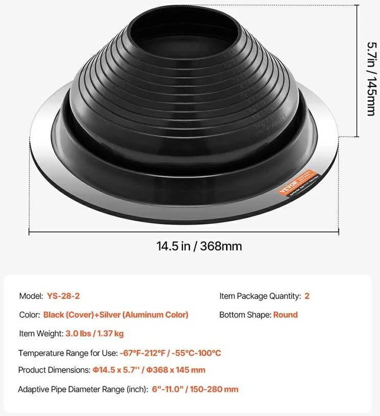 Metalinio stogo vamzdžio sandarinimo dangčiai 150-280 mm vamzdžiams, aukštai temperatūrai, juodas EPDM, 2 vnt. stogo ventiliacijos vamzdžio dangtis