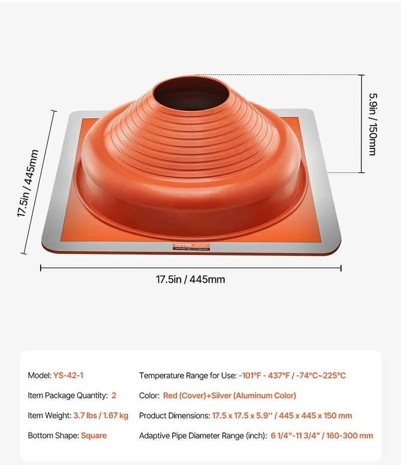 Metalinio stogo vamzdžio sandarinimo įdėklas, 160-300 mm vamzdžiui, raudonas silikonas, vandeniui nelaidus stogo vamzdžio įdėklas, stogo vamzdžio sandarinimas