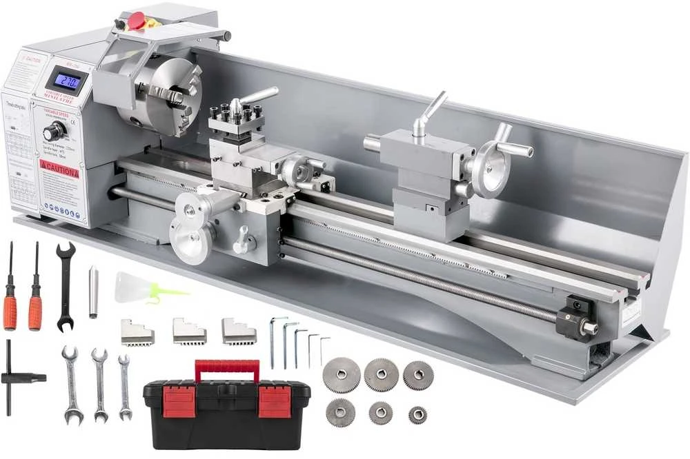 Metalinis tekinimo staklės, 1100W, 220x750mm, greičio reguliavimas, gręžimui, sriegimui, frezavimui, mini tekinimo staklės su 3-jų griebtuvu