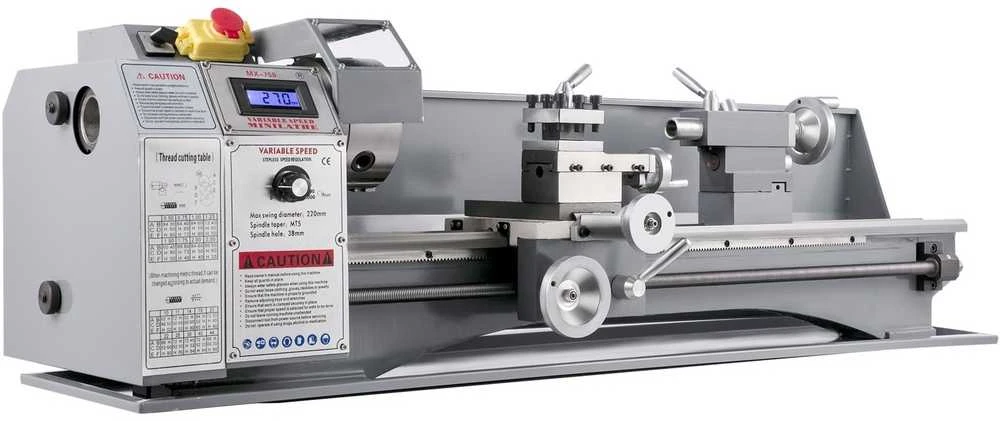 Metalinis tekinimo staklės, 1100W, 220x750mm, greičio reguliavimas, gręžimui, sriegimui, frezavimui, mini tekinimo staklės su 3-jų griebtuvu