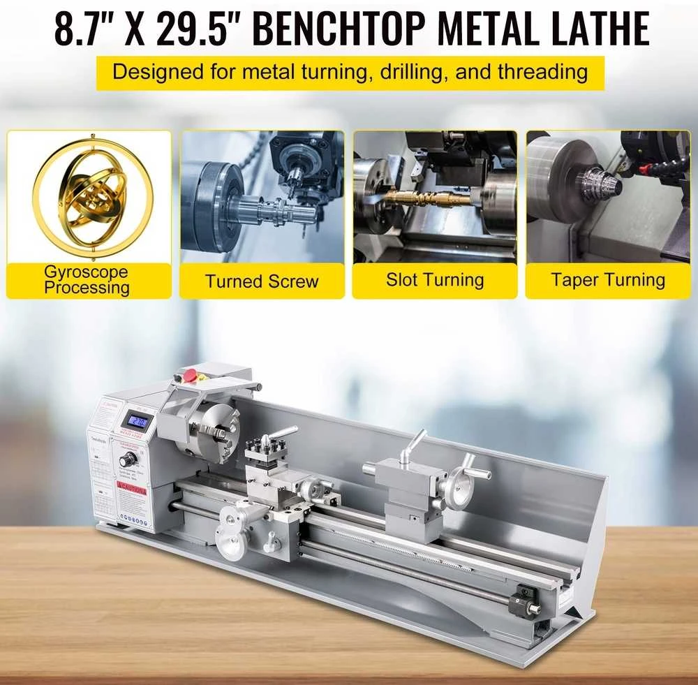 Metalinis tekinimo staklės, 1100W, 220x750mm, greičio reguliavimas, gręžimui, sriegimui, frezavimui, mini tekinimo staklės su 3-jų griebtuvu