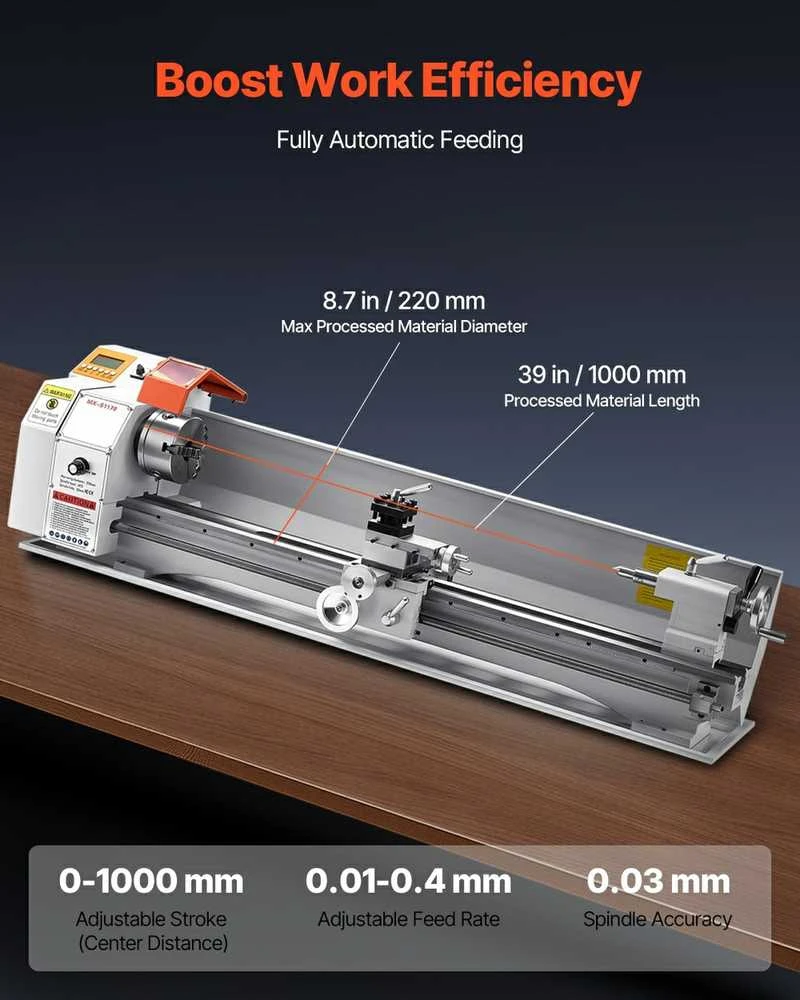 Metalinis tekinimo staklės 220x1000mm, automatinis padavimas, 1250W bešepetėlis variklis, tikslus stalinis tekinimo įrenginys, metalo apdirbimo staklės, mini tekinimo staklės