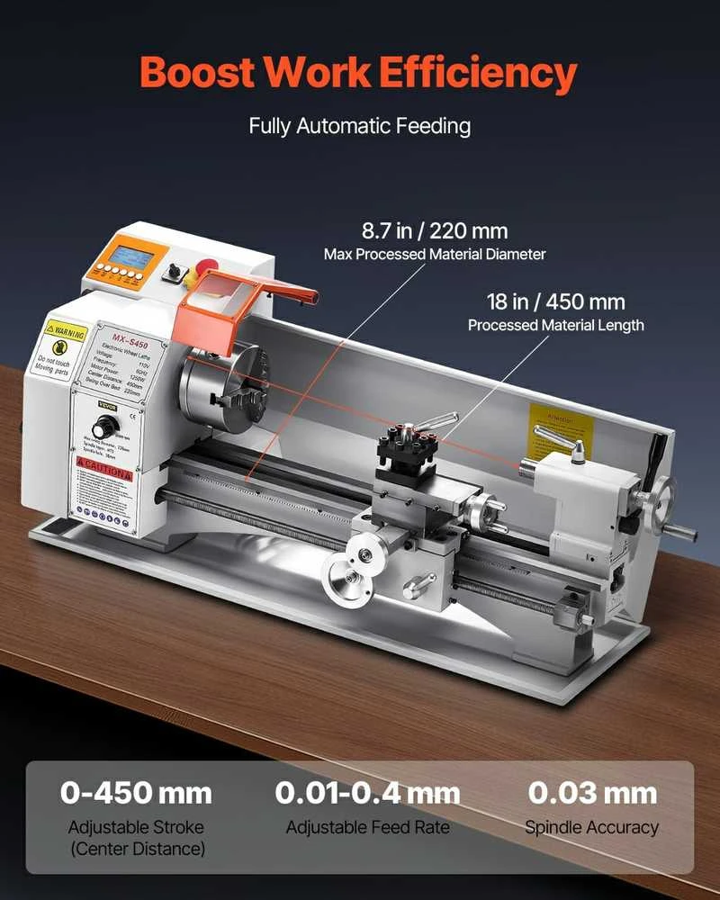 Metalo tekinimo staklės, 220 x 450 mm, automatinis padavimas, stalviršio tekinimo staklės, precizinis metalo, akrilo, plastiko apdirbimas