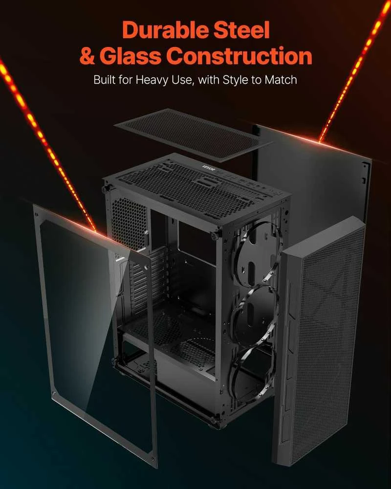 Mid-Tower PC žaidimų dėklas su ARGB ventiliatoriais, grūdinto stiklo šoniniu skydeliu, dulkių filtru, ATX, M-ATX, ITX motininėms plokštėms, didelio oro srauto dėklas
