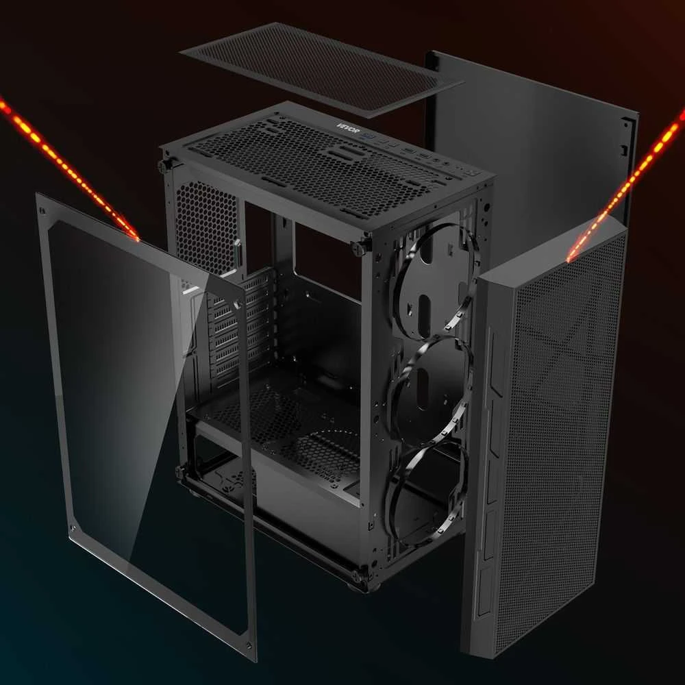 Mid-Tower PC žaidimų dėklas su ARGB ventiliatoriais, grūdinto stiklo šoniniu skydeliu, dulkių filtru, ATX, M-ATX, ITX motininėms plokštėms, didelio oro srauto dėklas