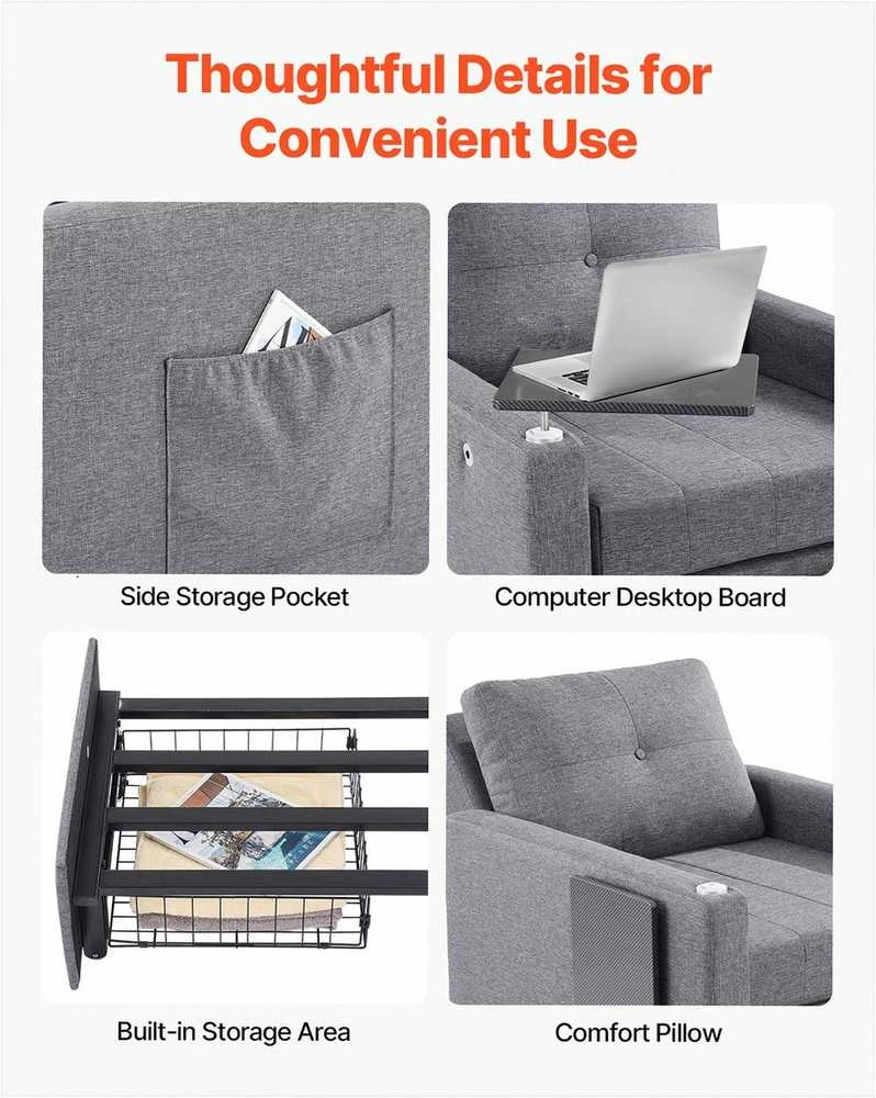 Miegamoji sofa-lova, transformuojama su šonine kišene ir stalviršiu, 5 reguliuojamos padėtys, ištraukiama sofa su dėže ir ratukais, pilka, vienvietis fotelis lova