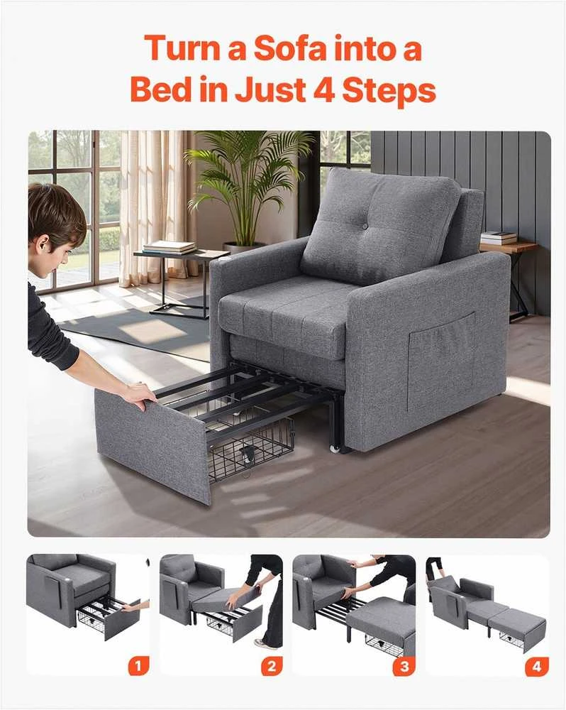 Miegamoji sofa-lova, transformuojama su šonine kišene ir stalviršiu, 5 reguliuojamos padėtys, ištraukiama sofa su dėže ir ratukais, pilka, vienvietis fotelis lova