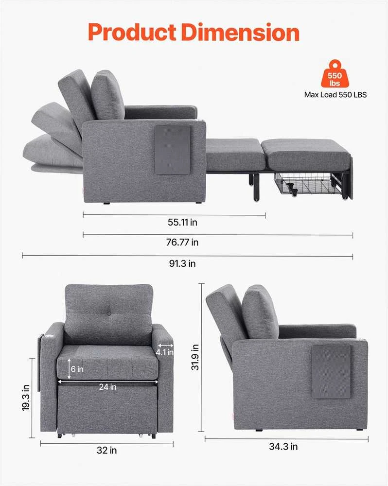 Miegamoji sofa-lova, transformuojama su šonine kišene ir stalviršiu, 5 reguliuojamos padėtys, ištraukiama sofa su dėže ir ratukais, pilka, vienvietis fotelis lova