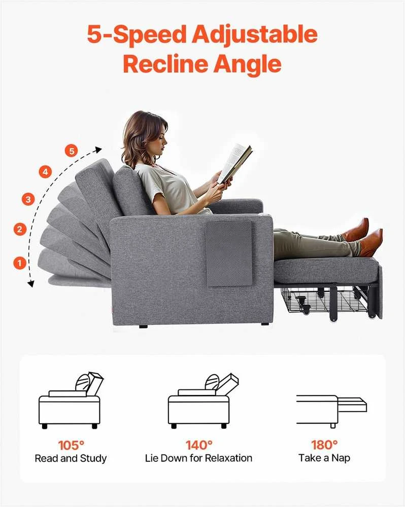 Miegamoji sofa-lova, transformuojama su šonine kišene ir stalviršiu, 5 reguliuojamos padėtys, ištraukiama sofa su dėže ir ratukais, pilka, vienvietis fotelis lova