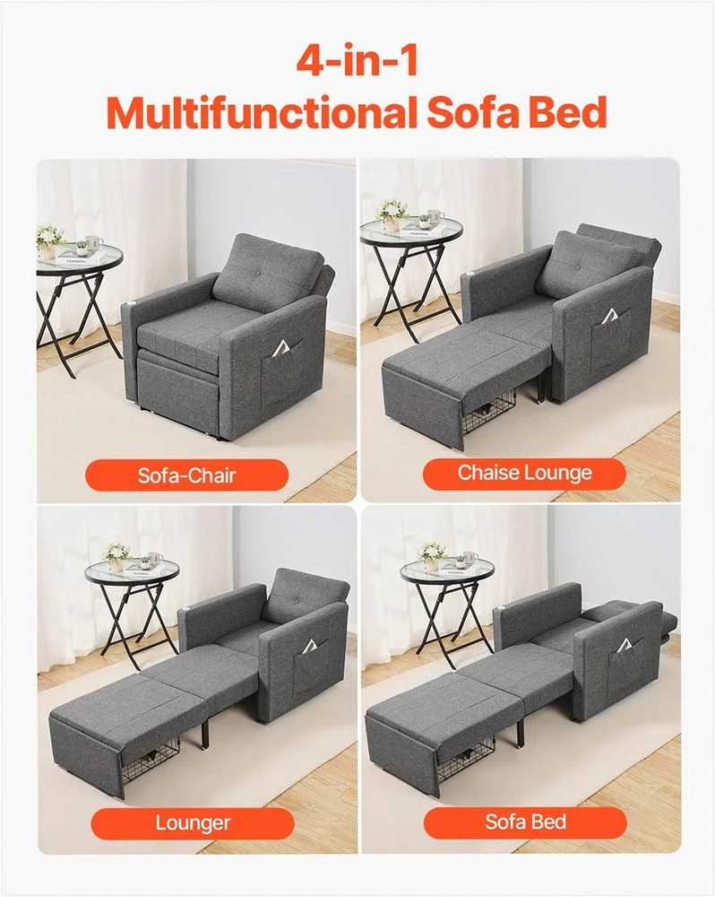 Miegamoji sofa-lova, transformuojama su šonine kišene ir stalviršiu, 5 reguliuojamos padėtys, ištraukiama sofa su dėže ir ratukais, pilka, vienvietis fotelis lova