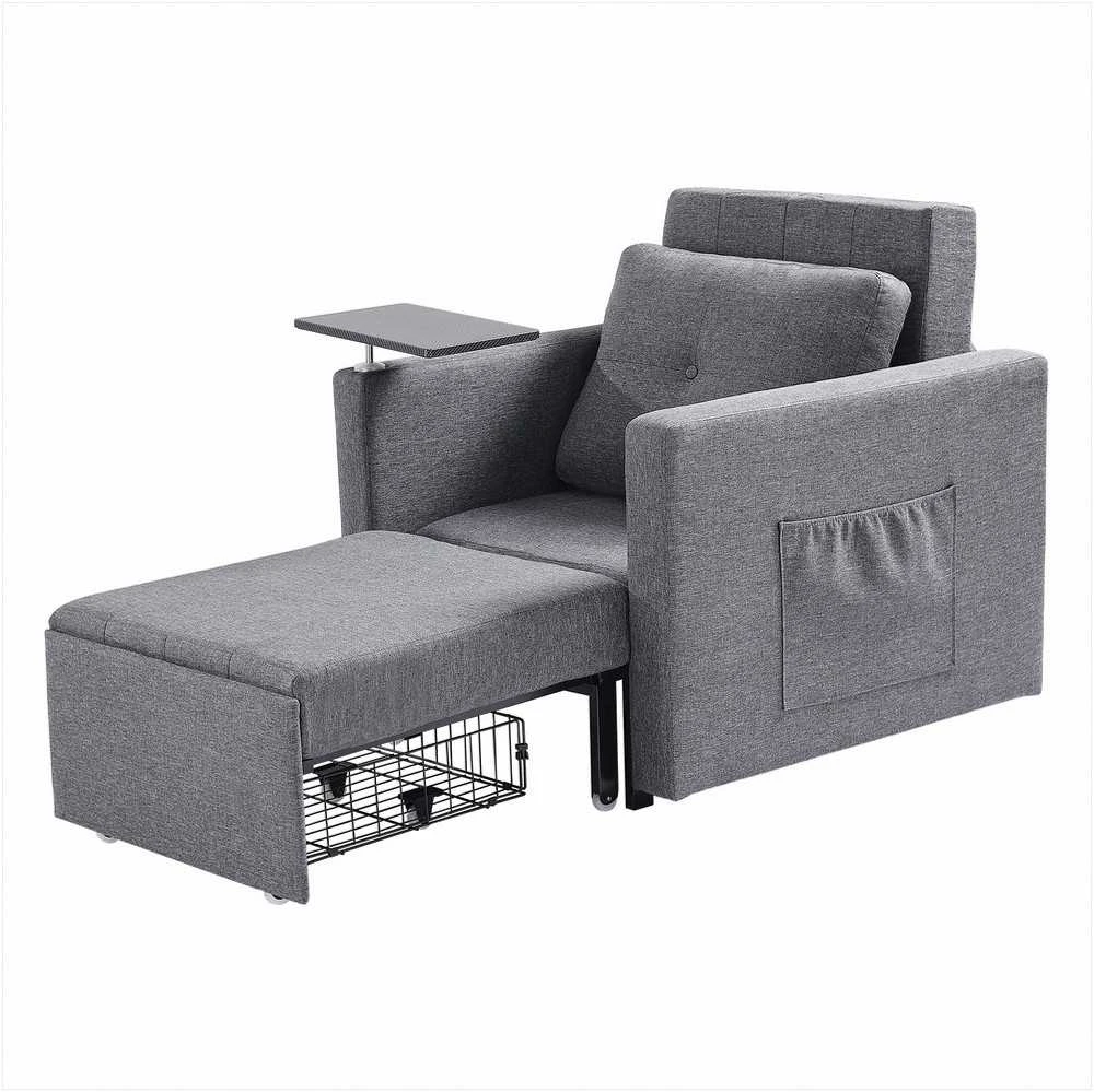Miegamoji sofa-lova, transformuojama su šonine kišene ir stalviršiu, 5 reguliuojamos padėtys, ištraukiama sofa su dėže ir ratukais, pilka, vienvietis fotelis lova
