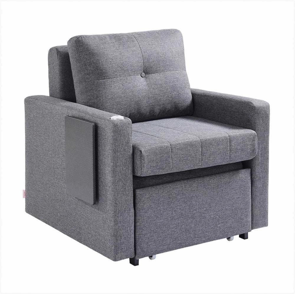 Miegamoji sofa-lova, transformuojama su šonine kišene ir stalviršiu, 5 reguliuojamos padėtys, ištraukiama sofa su dėže ir ratukais, pilka, vienvietis fotelis lova