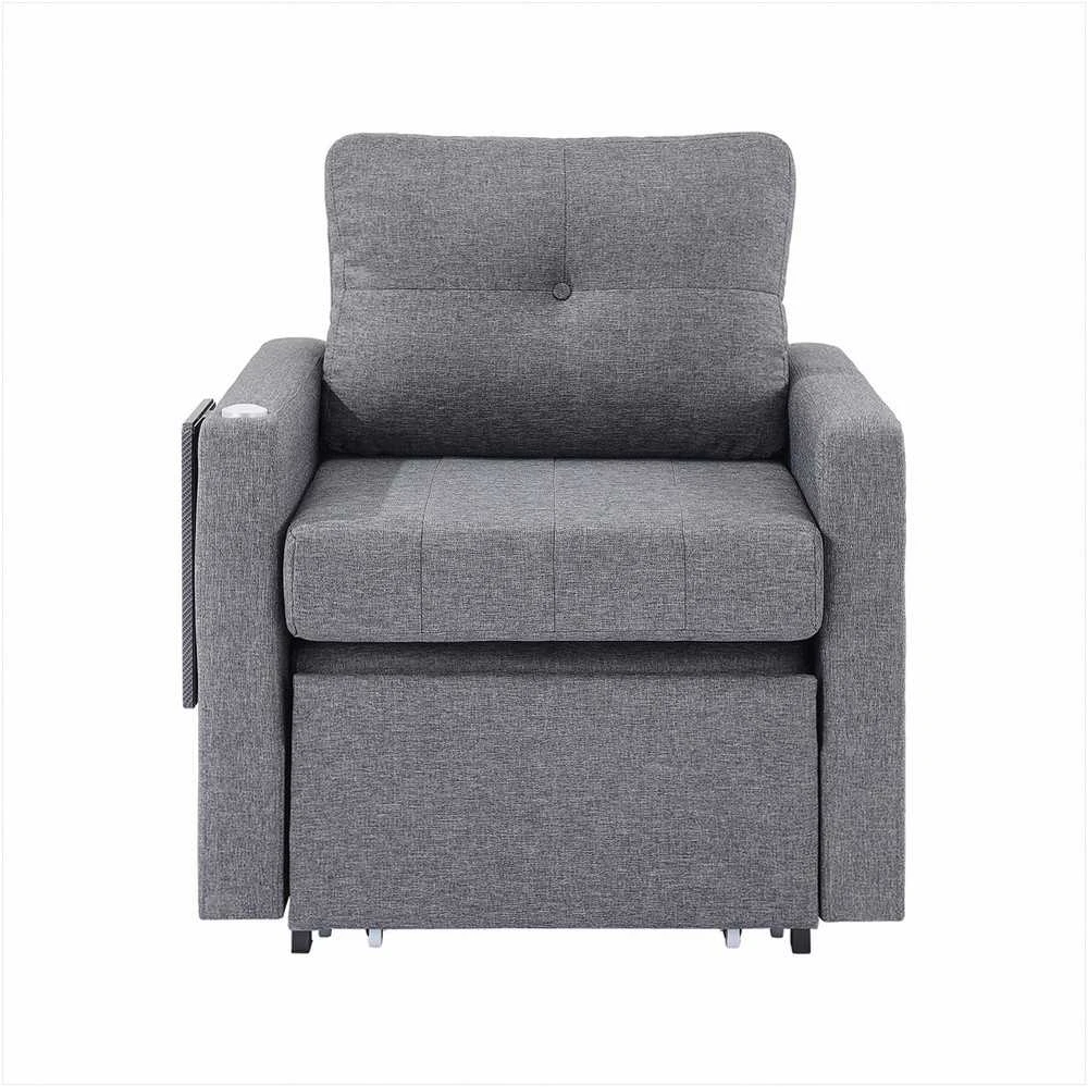 Miegamoji sofa-lova, transformuojama su šonine kišene ir stalviršiu, 5 reguliuojamos padėtys, ištraukiama sofa su dėže ir ratukais, pilka, vienvietis fotelis lova
