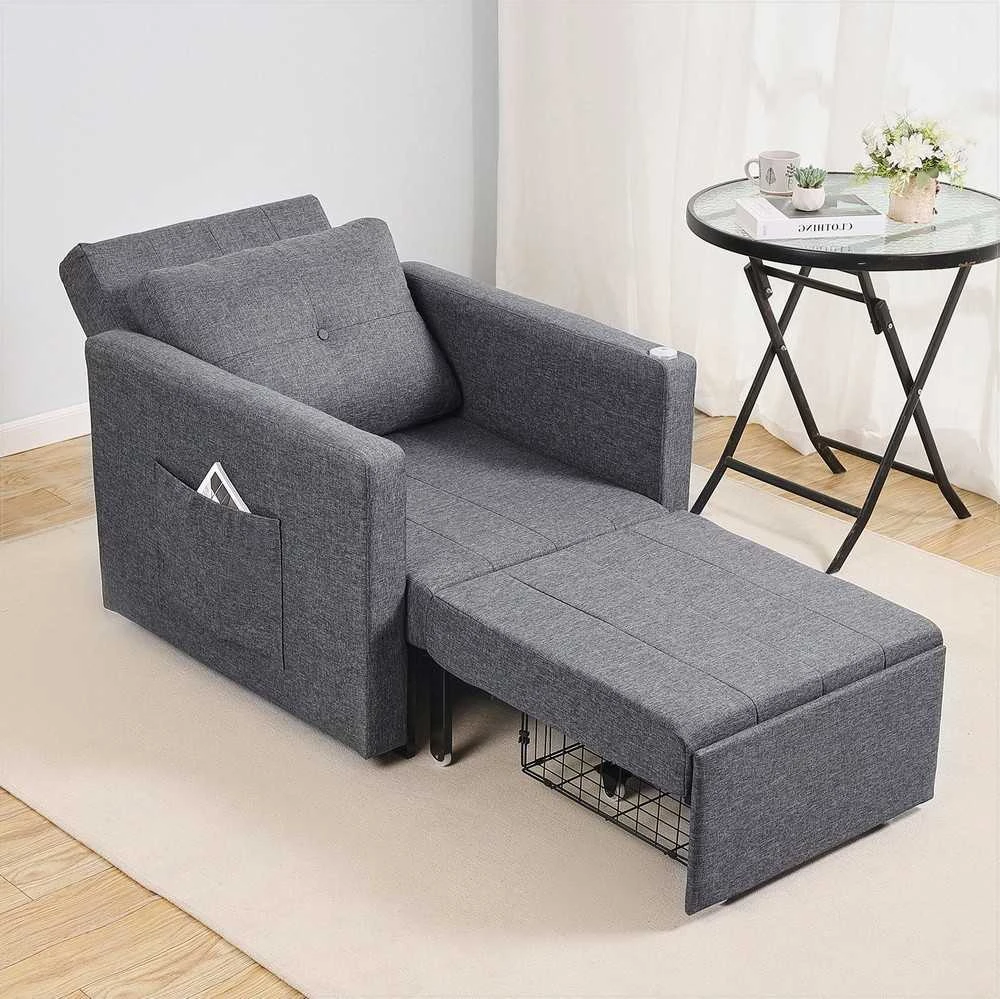 Miegamoji sofa-lova, transformuojama su šonine kišene ir stalviršiu, 5 reguliuojamos padėtys, ištraukiama sofa su dėže ir ratukais, pilka, vienvietis fotelis lova
