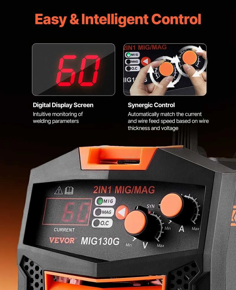 MIG suvirinimo aparatas 130A, 2in1 dujinis/be dujų, plienui, nerūdijančiam plienui, ketui, 8 mm, suvirinimui, MIG/MAG, virinimui