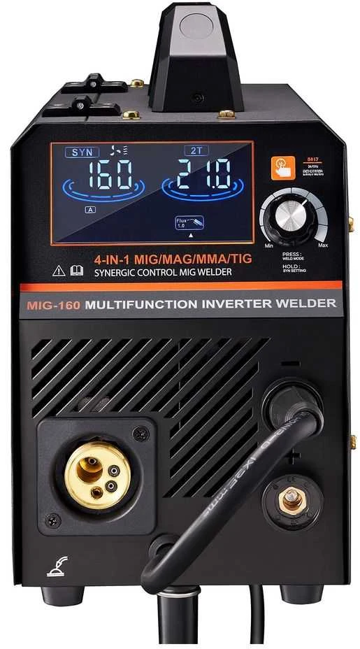 MIG suvirinimo aparatas 160A, sinerginis, daugiaprocesinis (MIG, Flux, TIG, MMA), IGBT inverteris, LCD ekranas, metalo suvirinimui