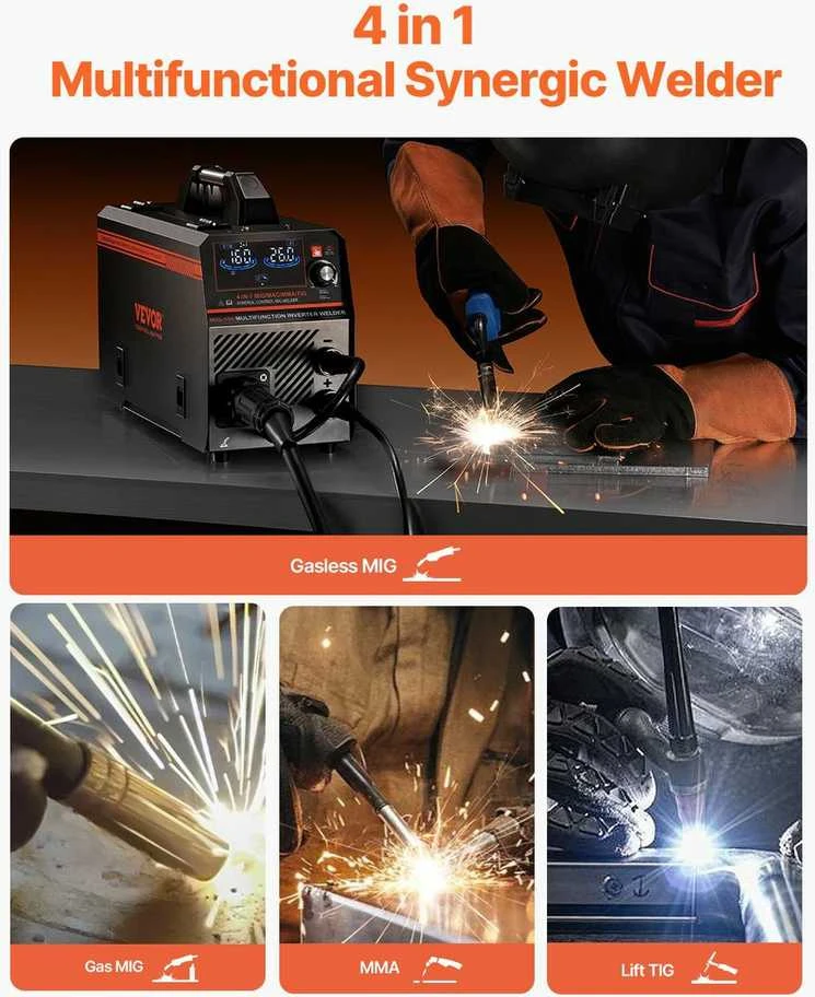 MIG suvirinimo aparatas 160A, sinerginis, daugiaprocesinis (MIG, Flux, TIG, MMA), IGBT inverteris, LCD ekranas, metalo suvirinimui