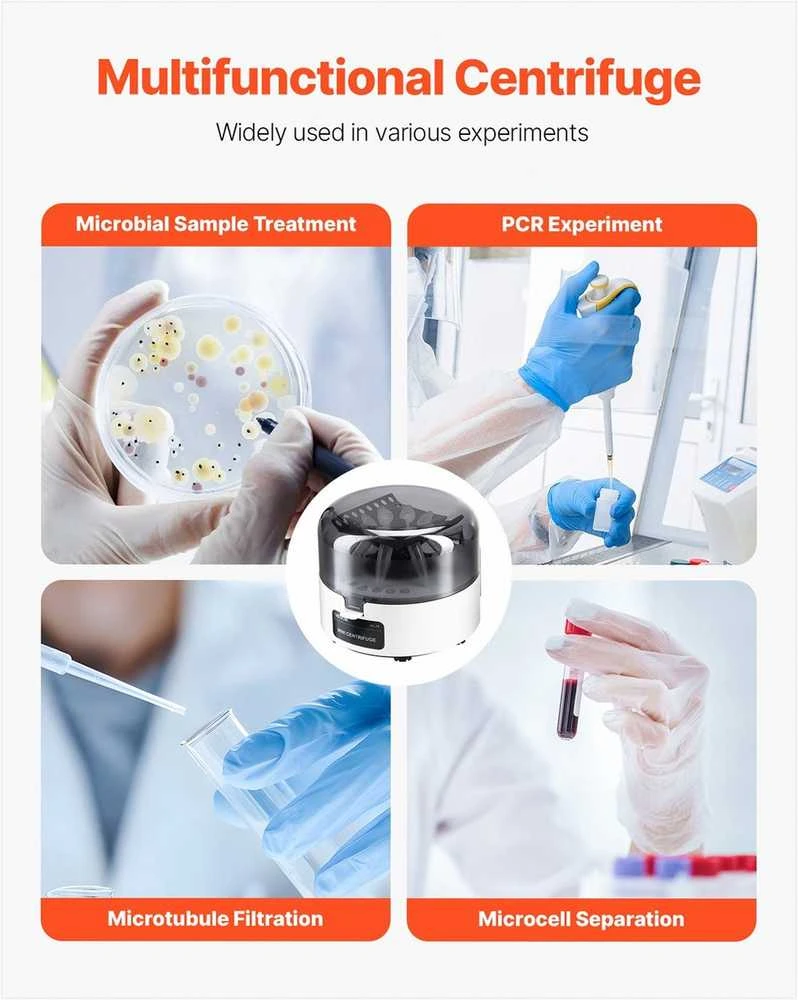 Mini centrifugos aparatas laboratoriniams eksperimentams, elektrinė tylaus veikimo kompaktiška centrifuga, „du viename“ rotorius, fiksuotas 7000 rpm greitis, nešiojama laboratorinė įranga