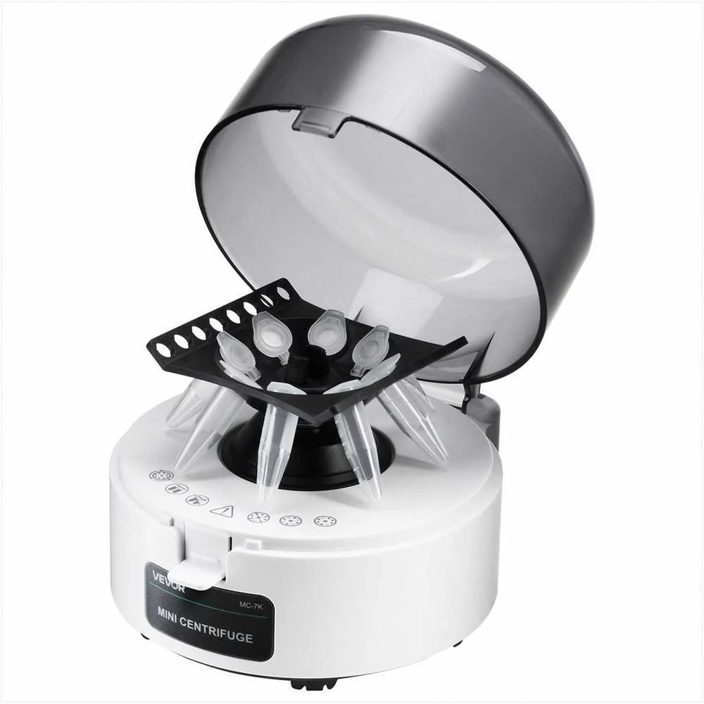 Mini centrifugos aparatas laboratoriniams eksperimentams, elektrinė tylaus veikimo kompaktiška centrifuga, „du viename“ rotorius, fiksuotas 7000 rpm greitis, nešiojama laboratorinė įranga